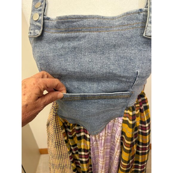 Ces Femme Overall Plaid Denim Long Dress Sz Small Pockets Country Farmgirl Rodeo - Picture 5 of 16